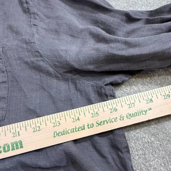 FLAX Linen Button Down Shirt Ruffle Collar Charcoal Gray Oversized L Lagenlook - Picture 10 of 11